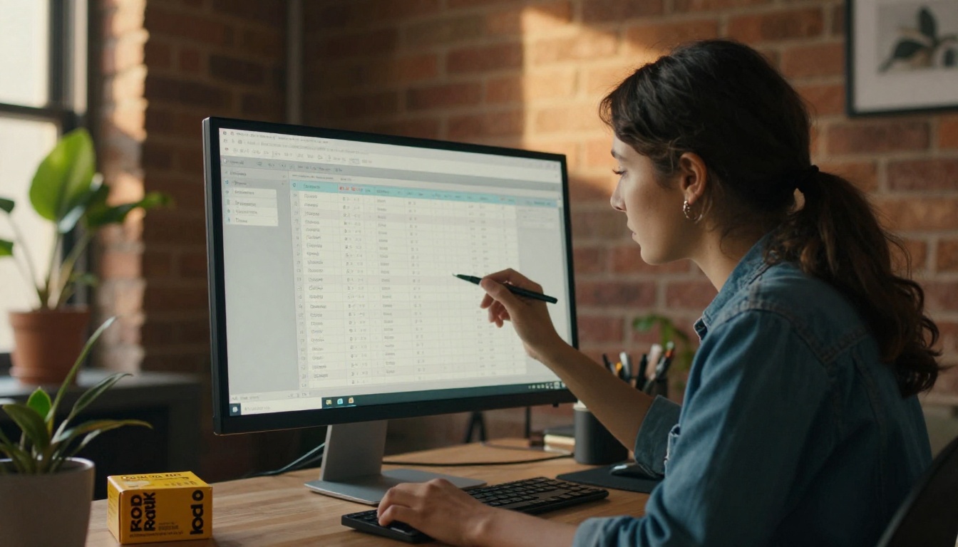 Freelance designer reviewing a contact spreadsheet on a monitor in a loft studio Freelance designer reviewing a contact spreadsheet on a monitor in a loft studio