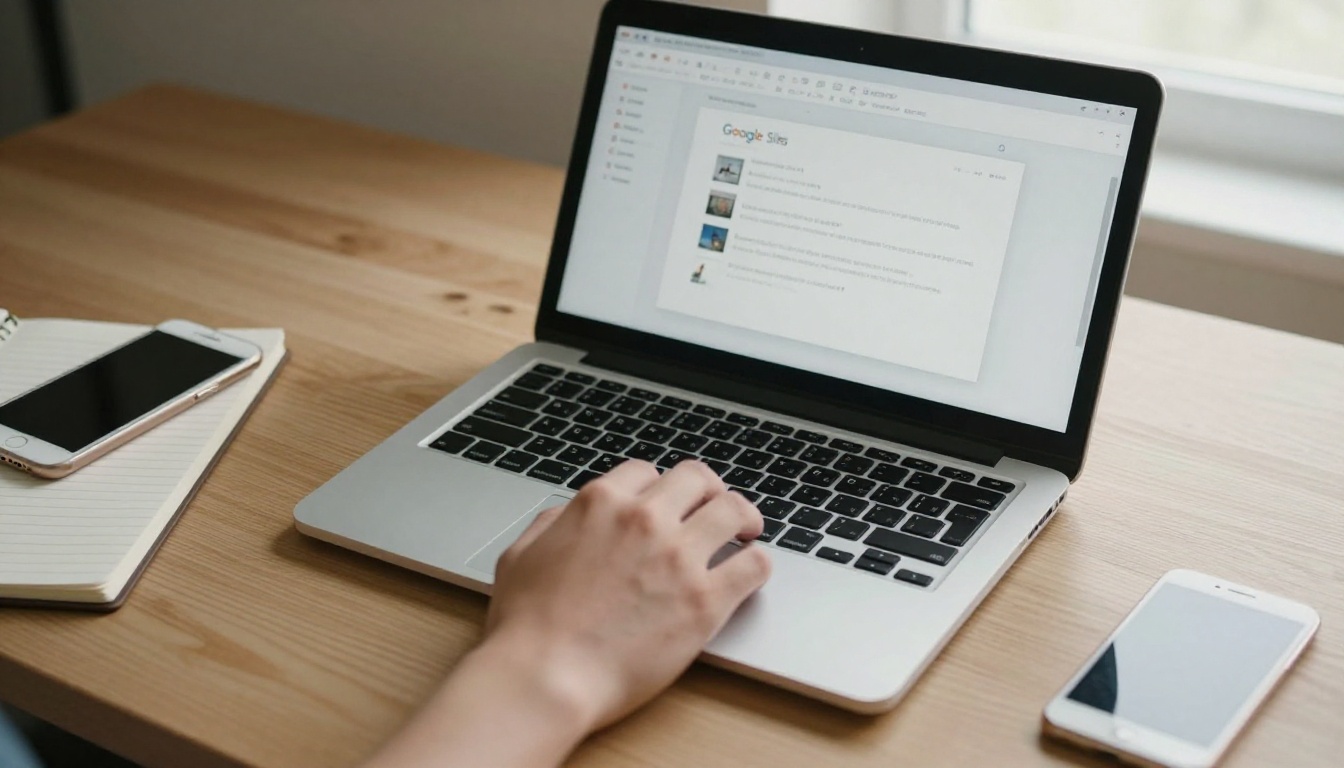 Google Slides editor open on a laptop at a light oak desk