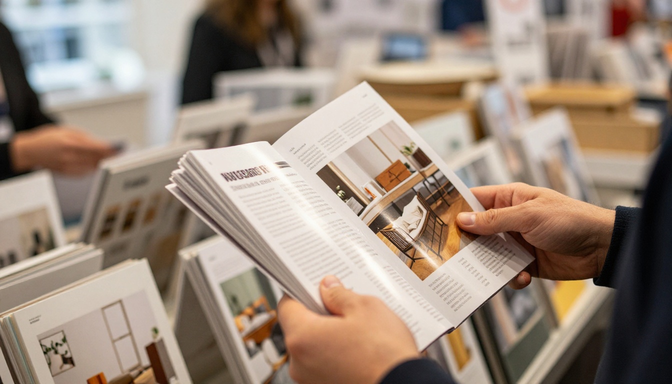 Buyer flipping through a printed catalog at a trade show