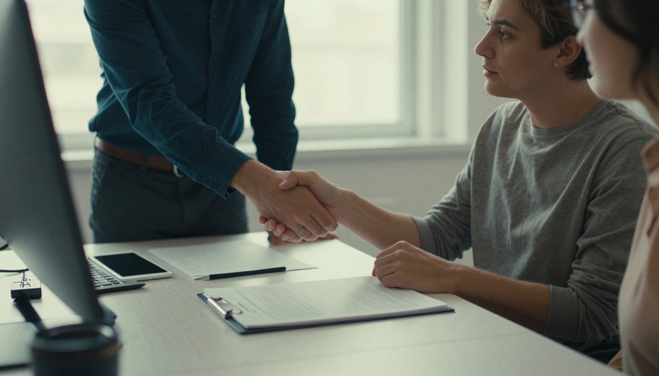 Sales manager shaking hands with a new client across an office table Sales manager shaking hands with a new client across an office table