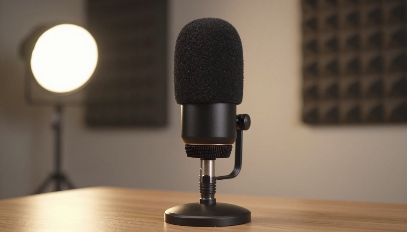 USB condenser microphone with a pop filter in front of acoustic panels