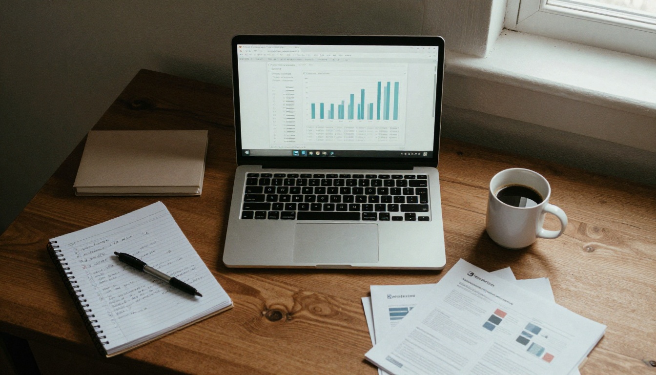 Analytics dashboard beside printed catalog pages on a desk
