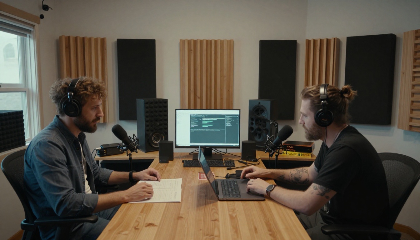 Two creators reviewing a project together in a garage studio