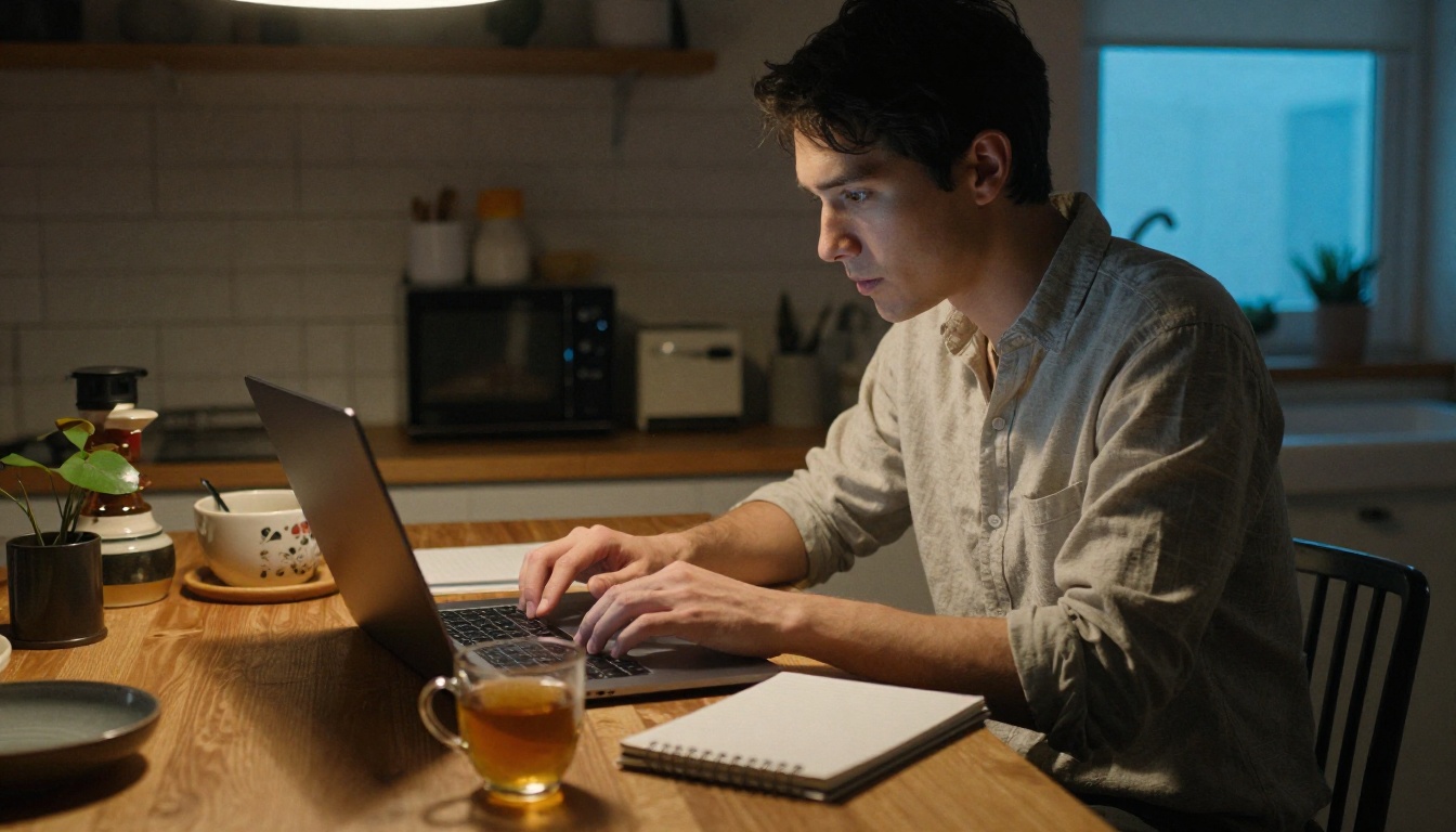 Business owner working on a laptop at a kitchen table in the evening Business owner working on a laptop at a kitchen table in the evening