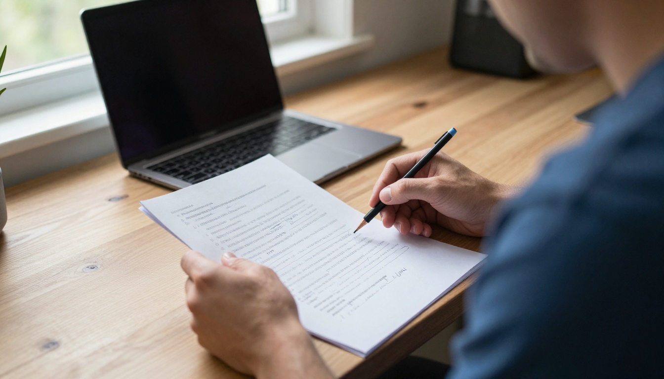 Man reviewing a printed script with pencil marks next to a laptop