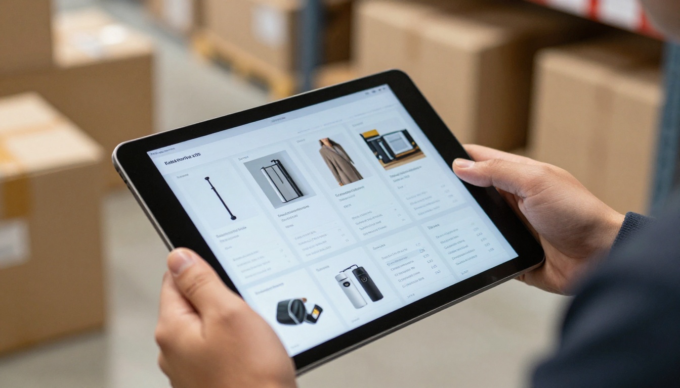 Sales representative holding a tablet with a digital catalog