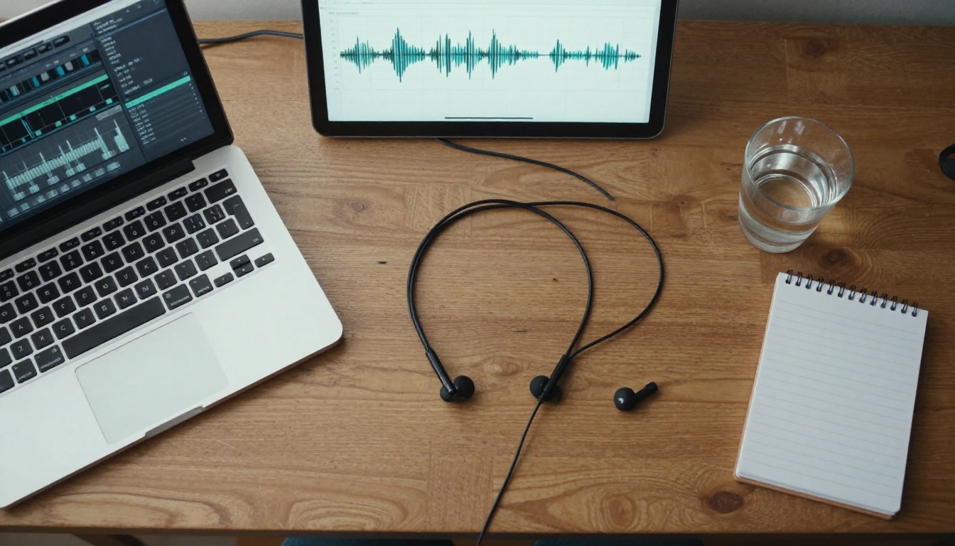 Wooden desk seen from above with a laptop showing an audio waveform editor