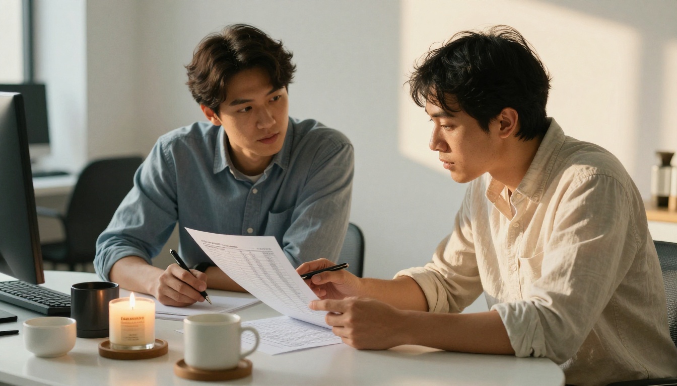 Two business partners reviewing order data at a table