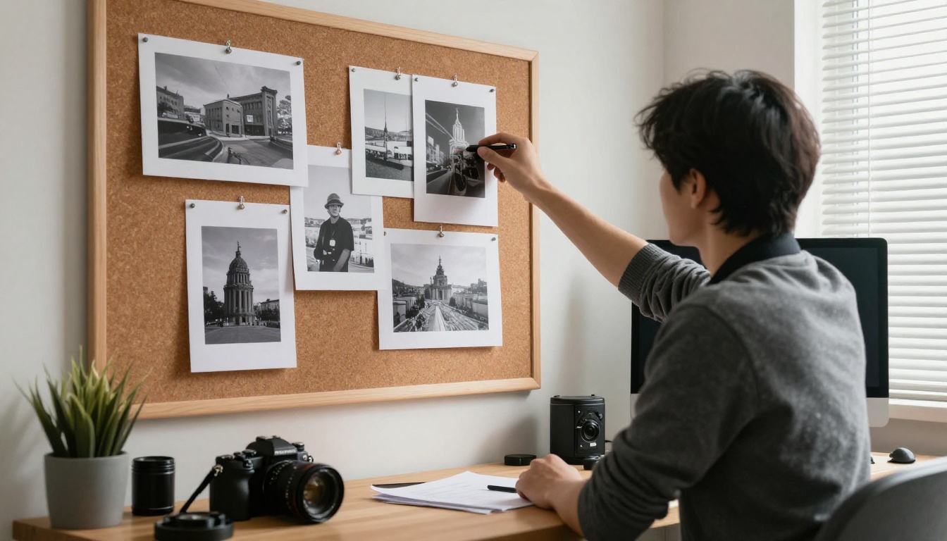 A photographer reviewing prints on a corkboard in a home office