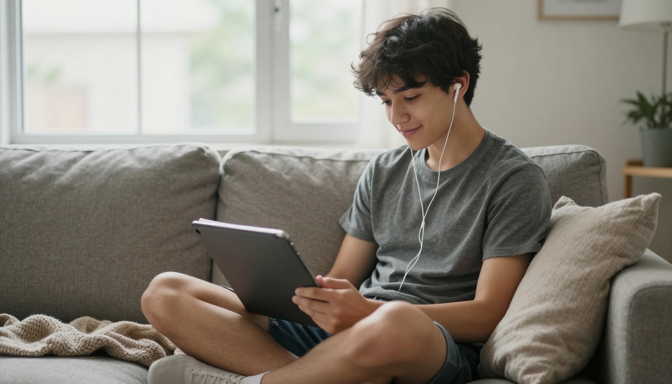 Student on a sofa with a tablet showing a page-turning digital book