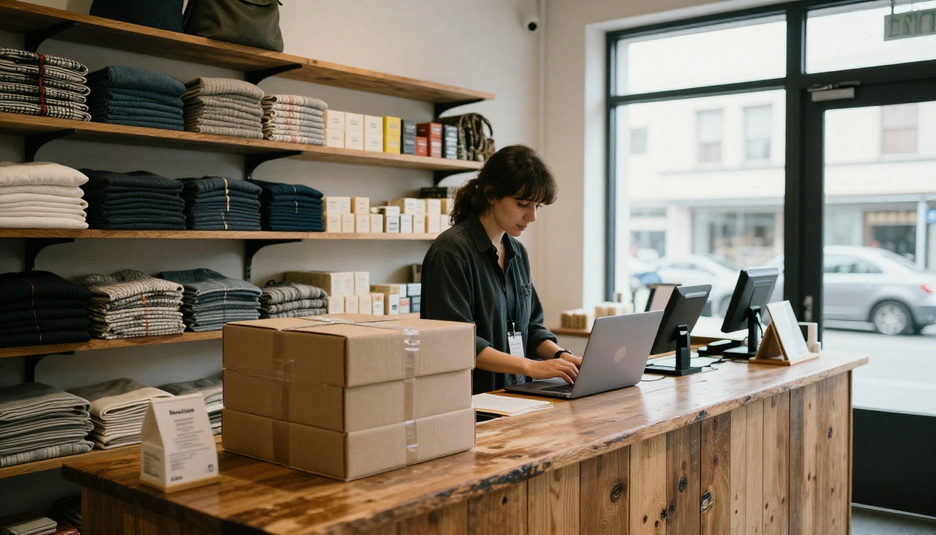 Boutique owner placing a wholesale order on a laptop