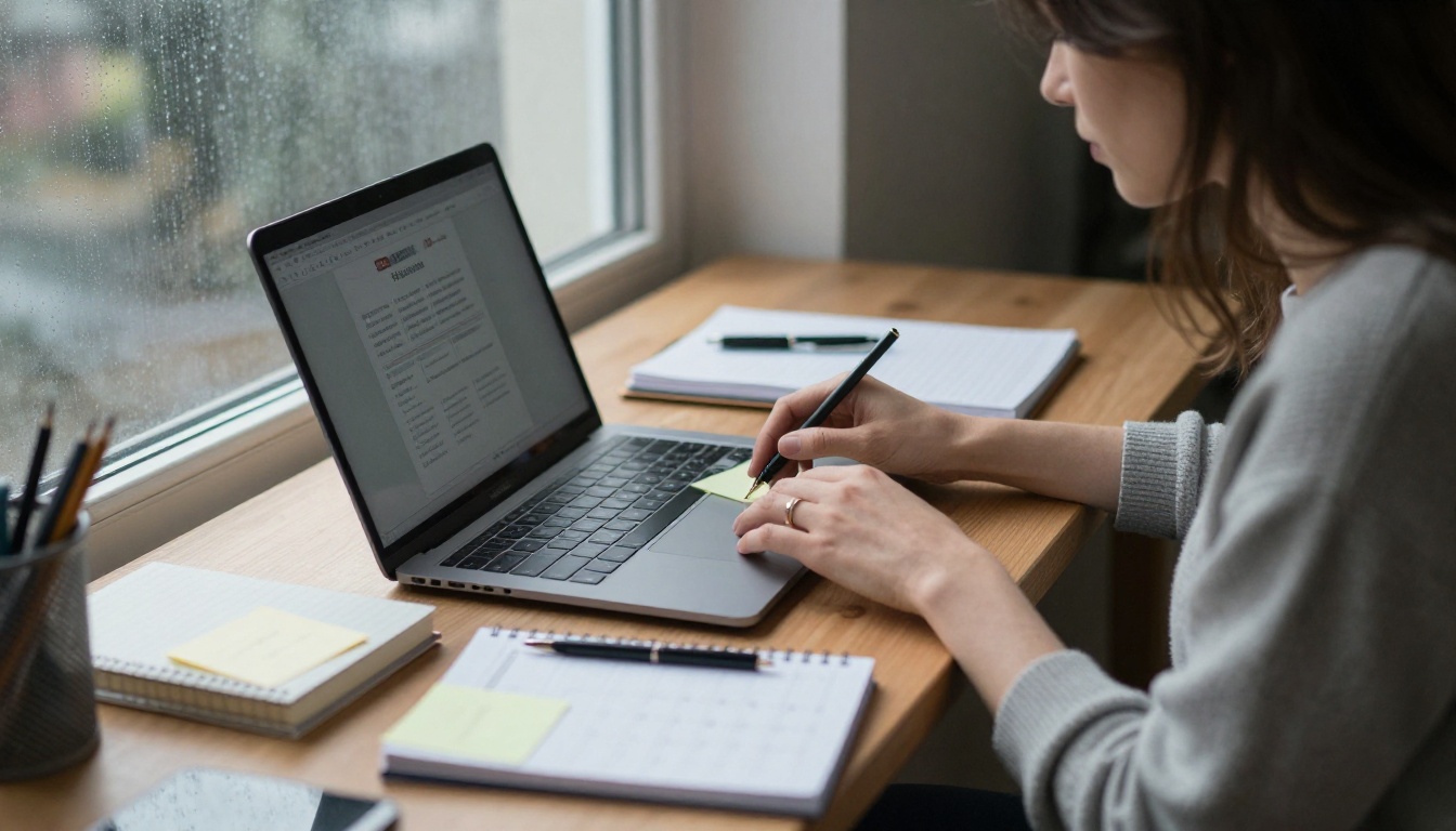 A writer planning her publishing calendar at a window desk