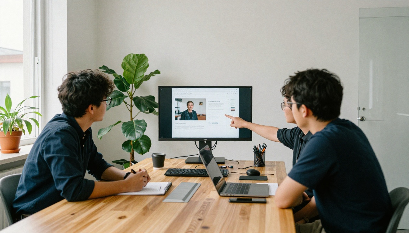 Three colleagues reviewing a presentation on a monitor in a bright meeting room