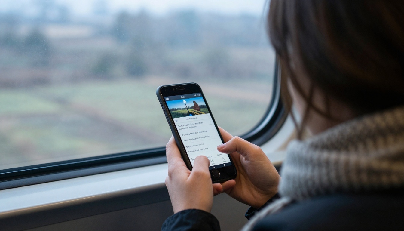 Mobile phone showing a digital catalog on a train