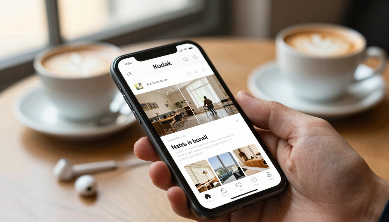 Smartphone in a hand showing a page-style web layout above a cafe table
