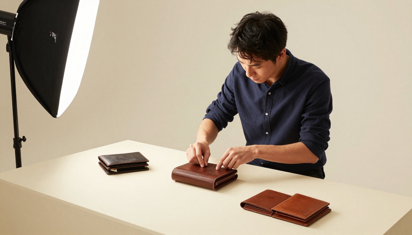 Product photographer arranging leather goods in a studio