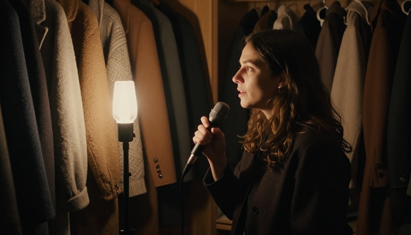 Woman speaking into a microphone inside a closet lined with hanging coats