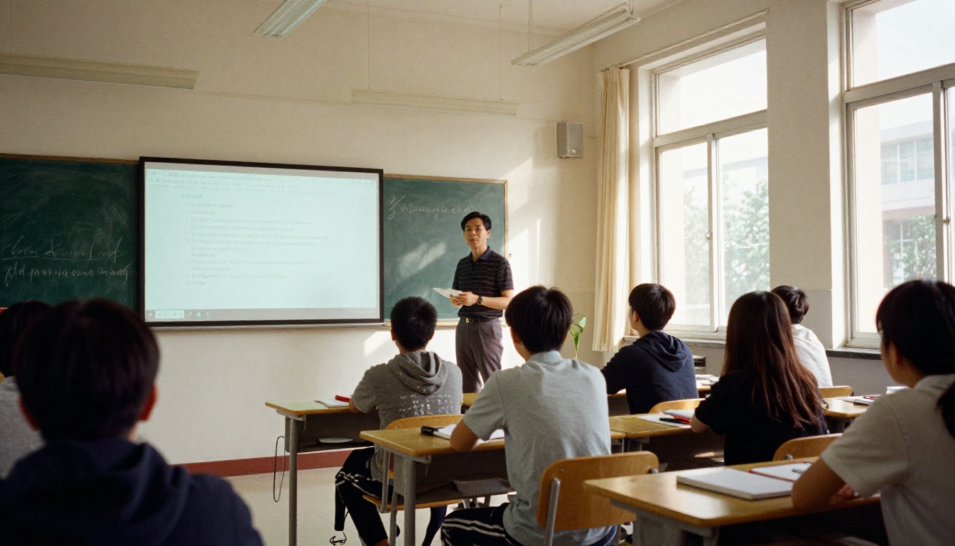 Teacher beside a wall screen showing a presentation to seated students