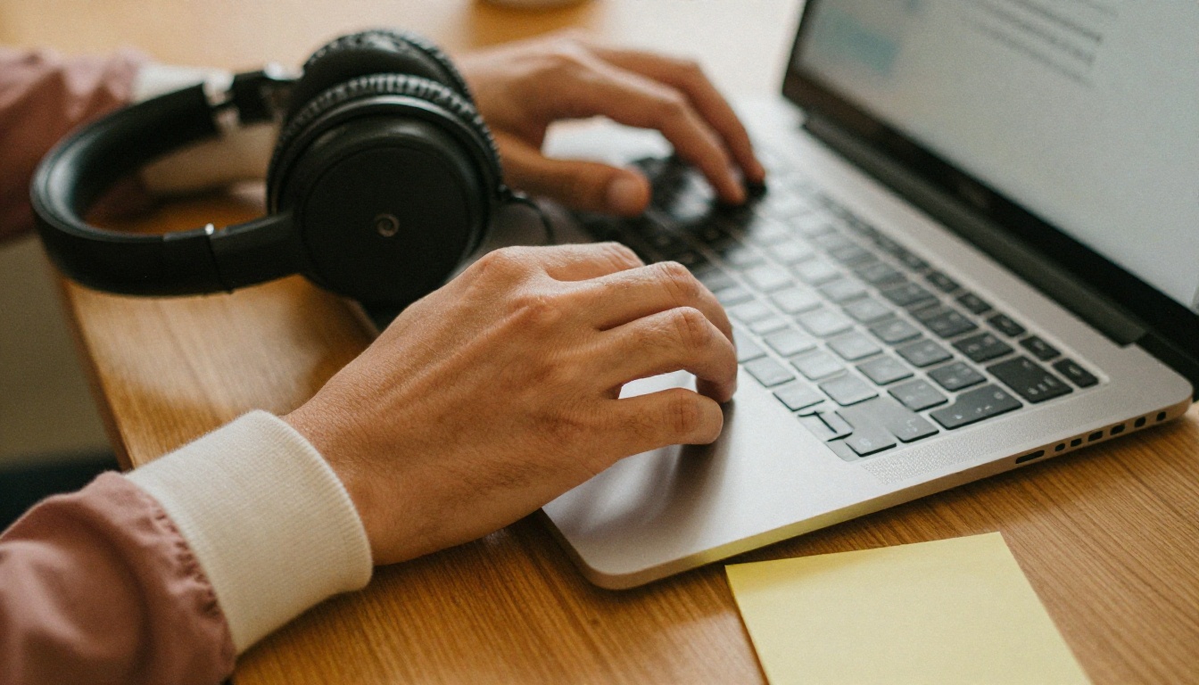 Hands typing on a laptop with headphones and a sticky note on the desk