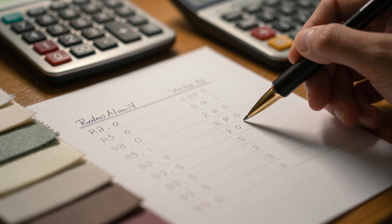 Hand-written price list and fabric swatches on a workbench