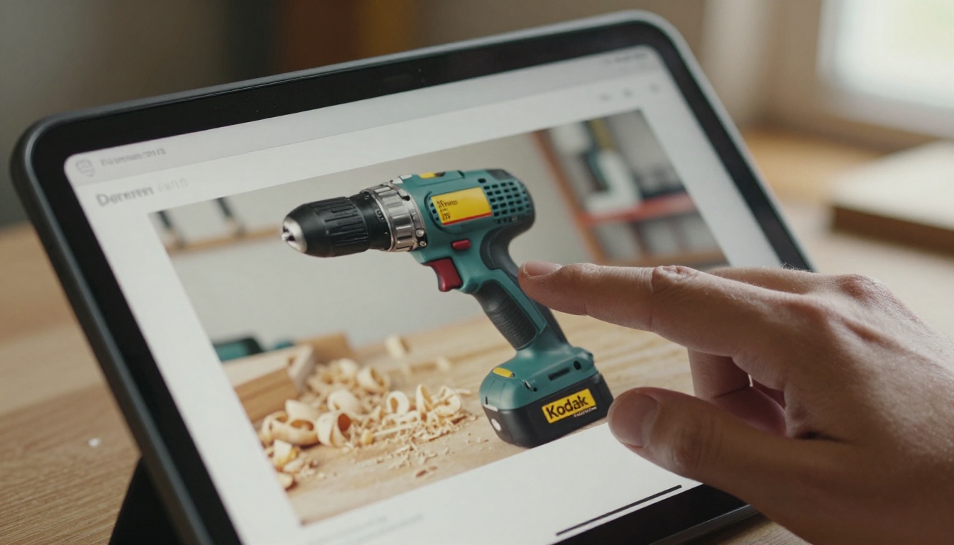 Hand tapping a tablet showing a catalog page with a drill demo clip