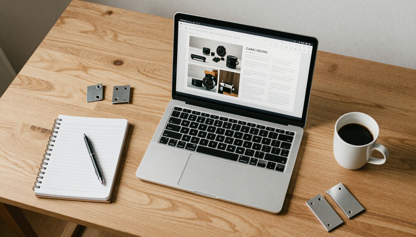 Aerial view of a desk with a laptop showing a catalog flipbook and metal fittings