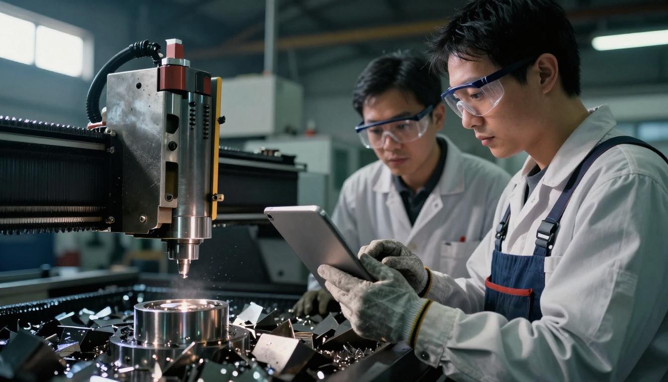 Factory technician watching a tablet beside a CNC machine