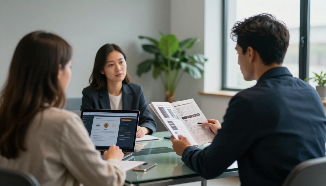 Sales rep presenting a catalog on a laptop to two buyers