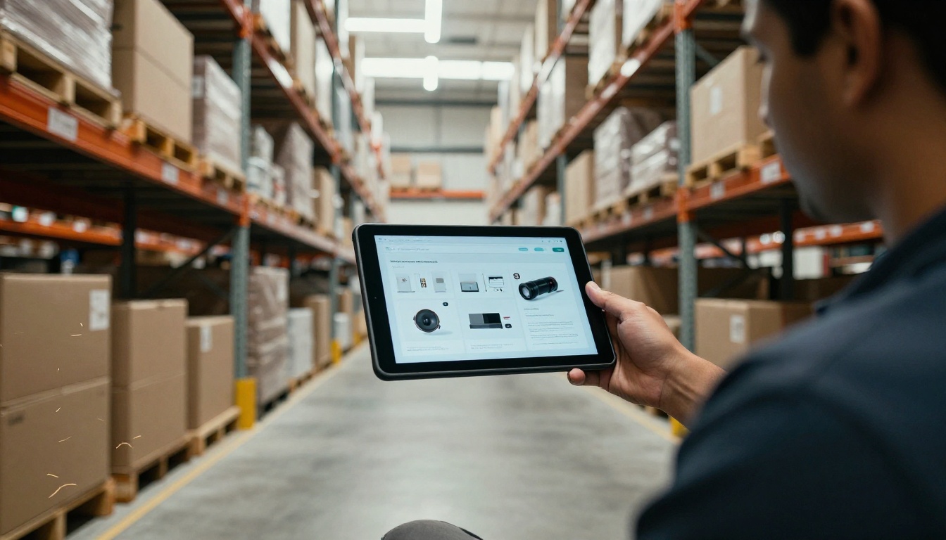 Warehouse worker watching an installation demo on a tablet