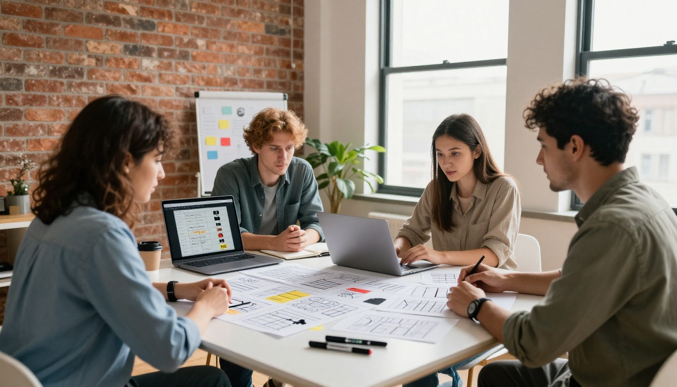 Team of marketers reviewing storyboards around a standing table