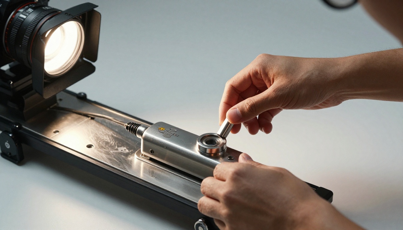 Photographer adjusting a stainless steel pump beside a camera slider