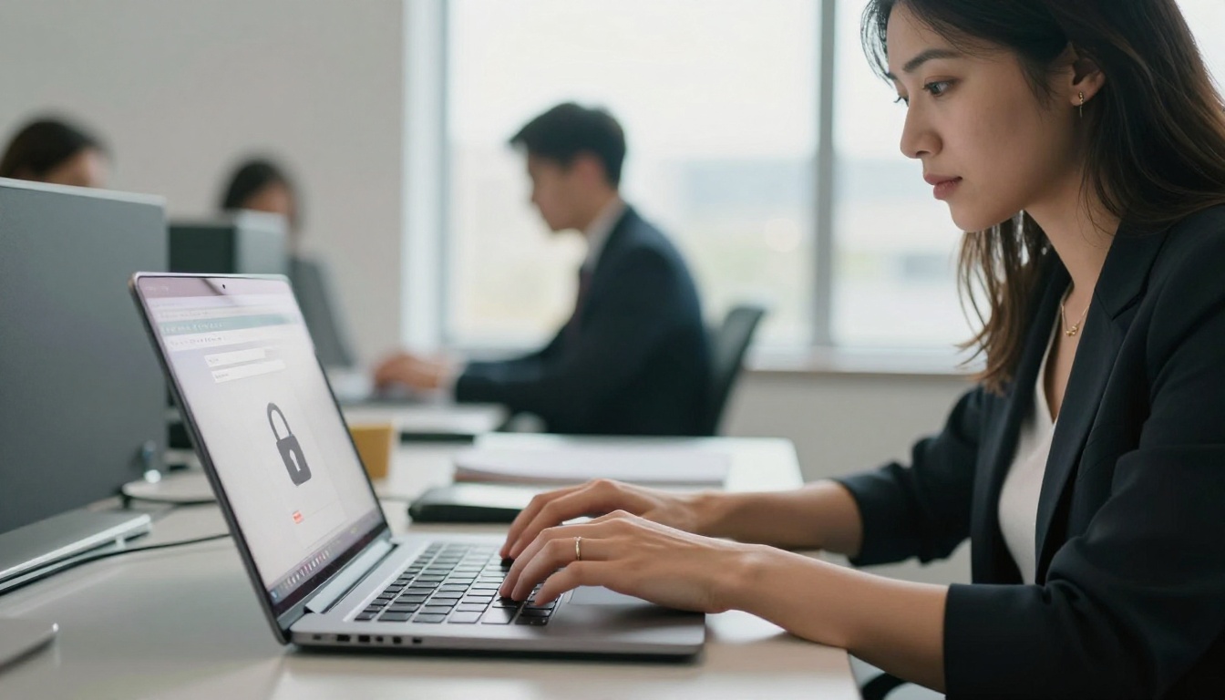 Broker reviewing a confidential offering memorandum on a laptop in a corner office Broker reviewing a confidential offering memorandum on a laptop in a corner office