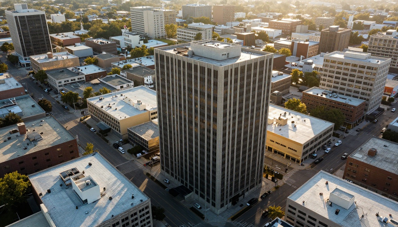Aerial view of a downtown commercial district with an office tower Aerial view of a downtown commercial district with an office tower