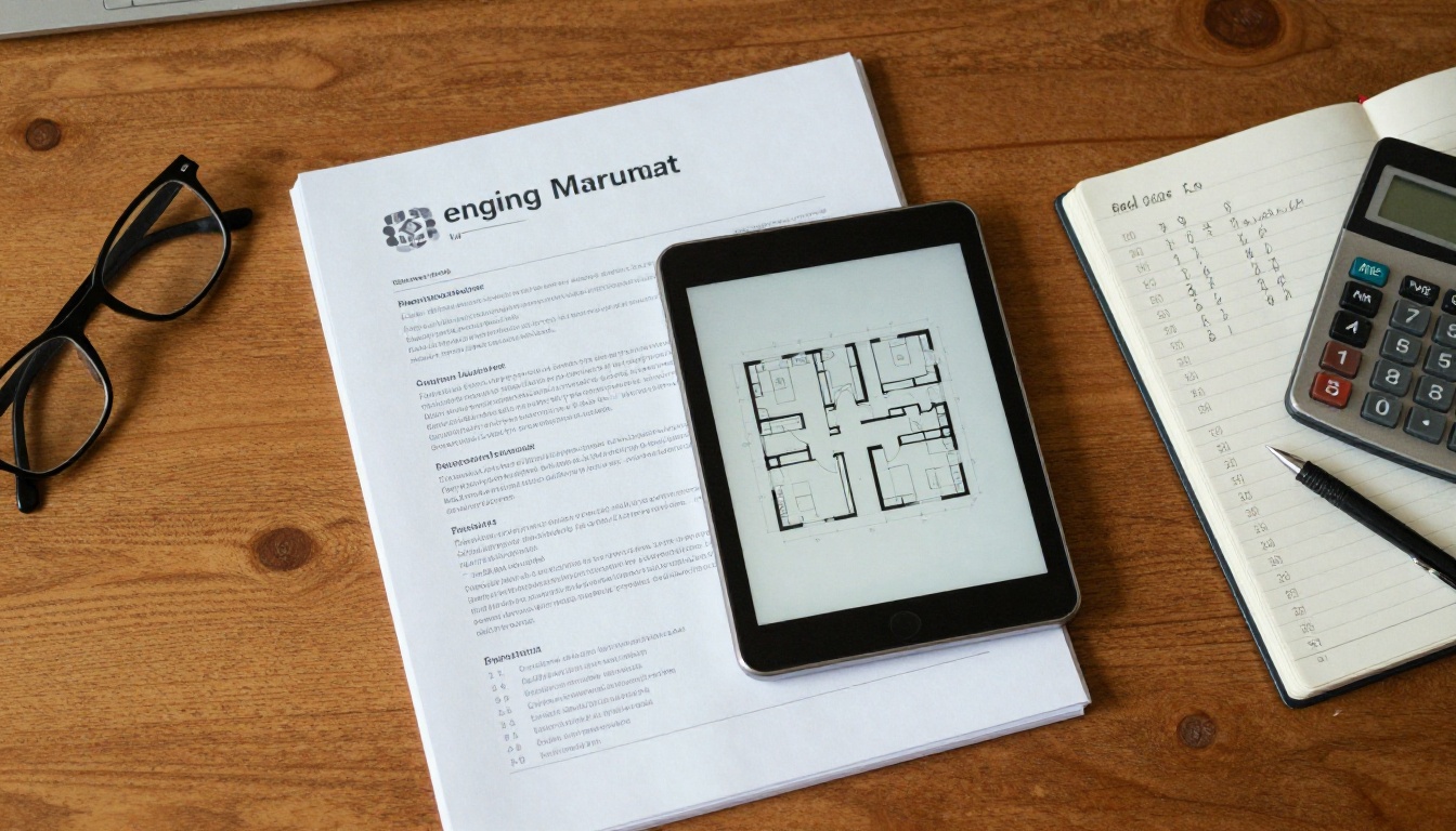 Overhead view of a desk with a printed offering memorandum binder and tablet Overhead view of a desk with a printed offering memorandum binder and tablet