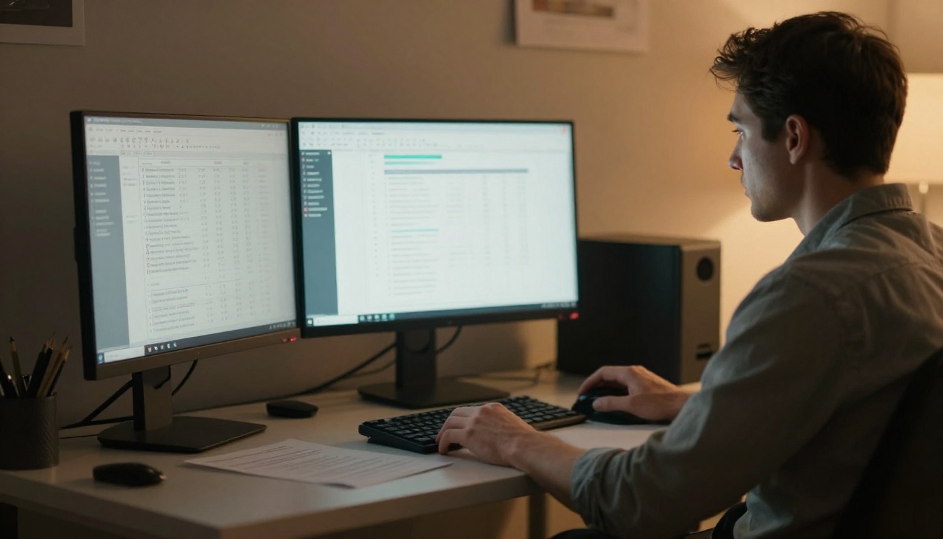 Analyst reviewing spreadsheets on a large monitor in an office Analyst reviewing spreadsheets on a large monitor in an office