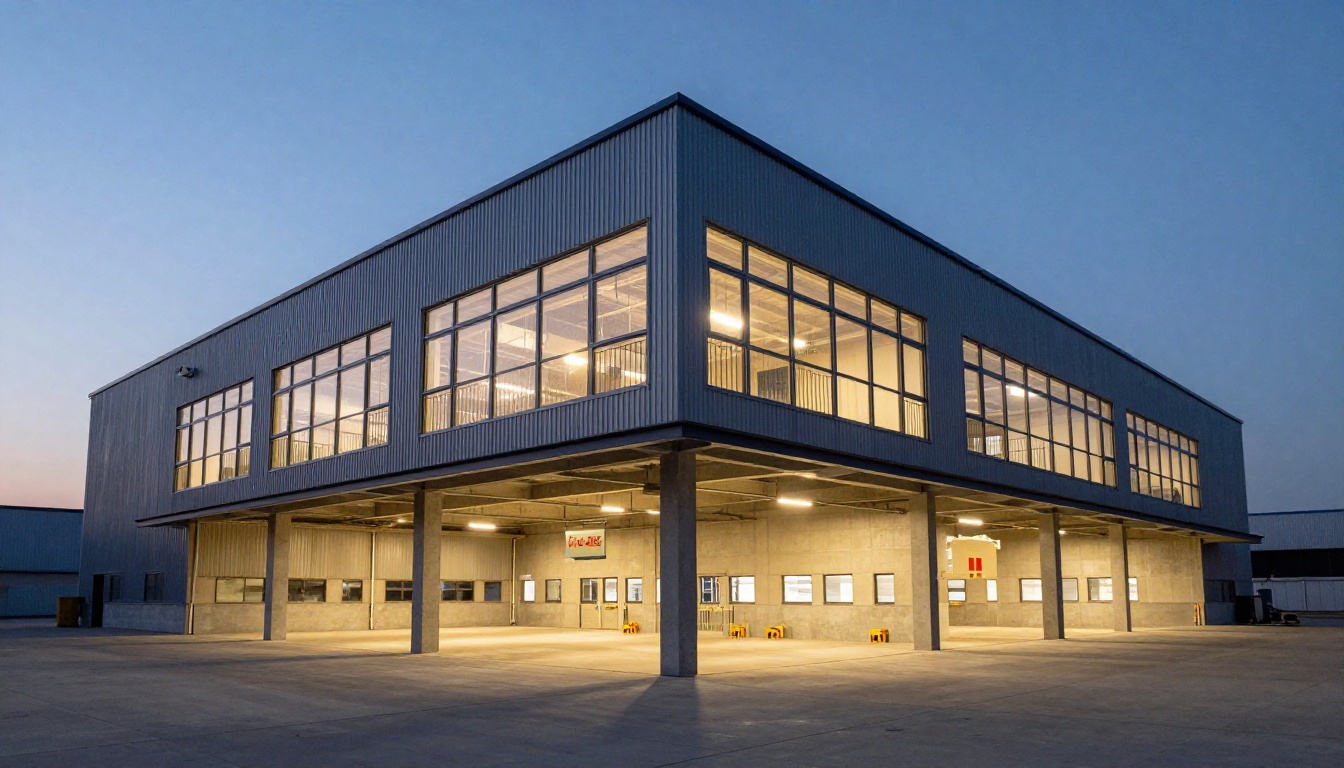 Industrial warehouse property exterior at dusk with loading docks Industrial warehouse property exterior at dusk with loading docks