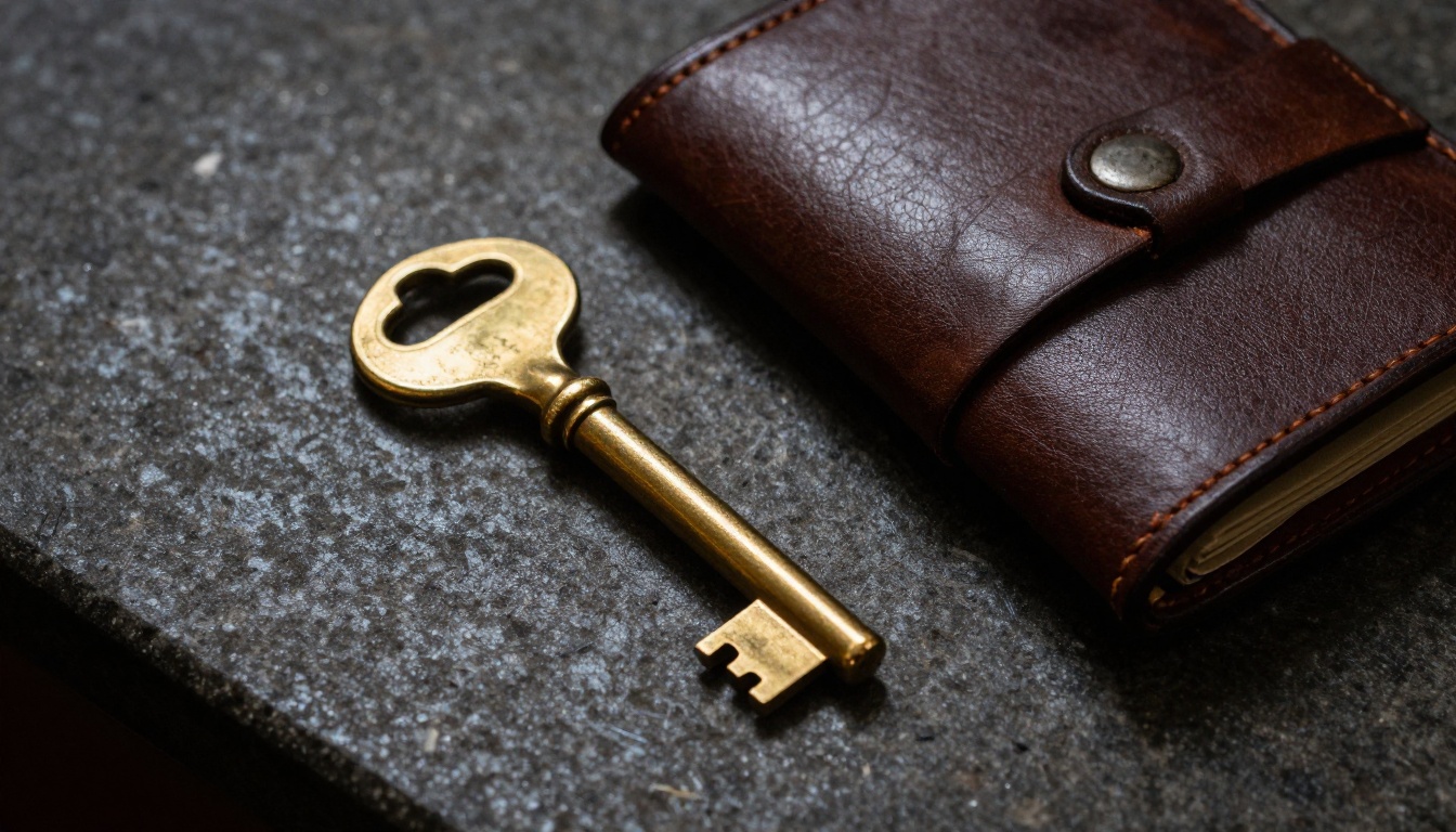 Brass key and leather folder on a dark stone countertop Brass key and leather folder on a dark stone countertop