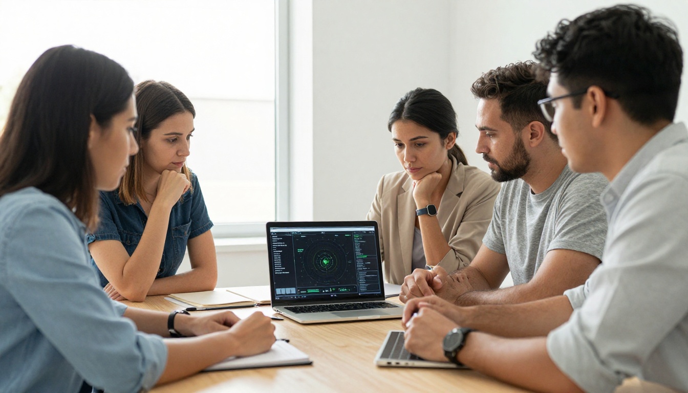 Brokerage team gathered around a laptop reviewing a view tracking dashboard Brokerage team gathered around a laptop reviewing a view tracking dashboard