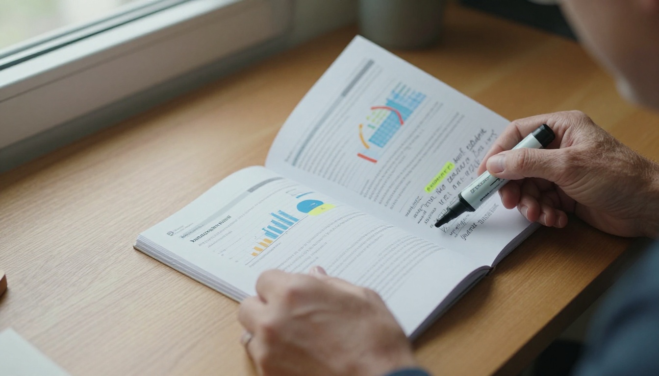 Older investor turning the pages of a printed annual report with handwritten notes Older investor turning the pages of a printed annual report with handwritten notes