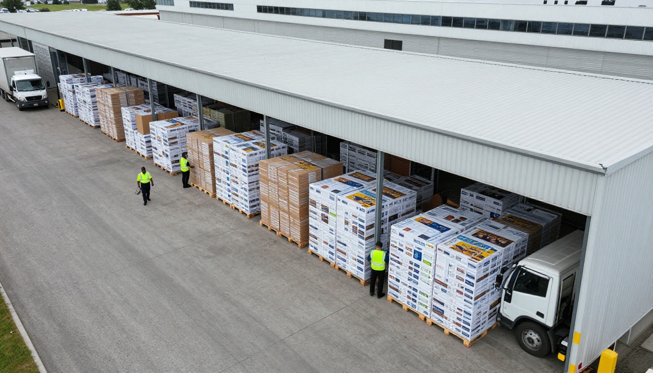 Aerial view of a warehouse loading boxed printed reports onto a delivery truck Aerial view of a warehouse loading boxed printed reports onto a delivery truck
