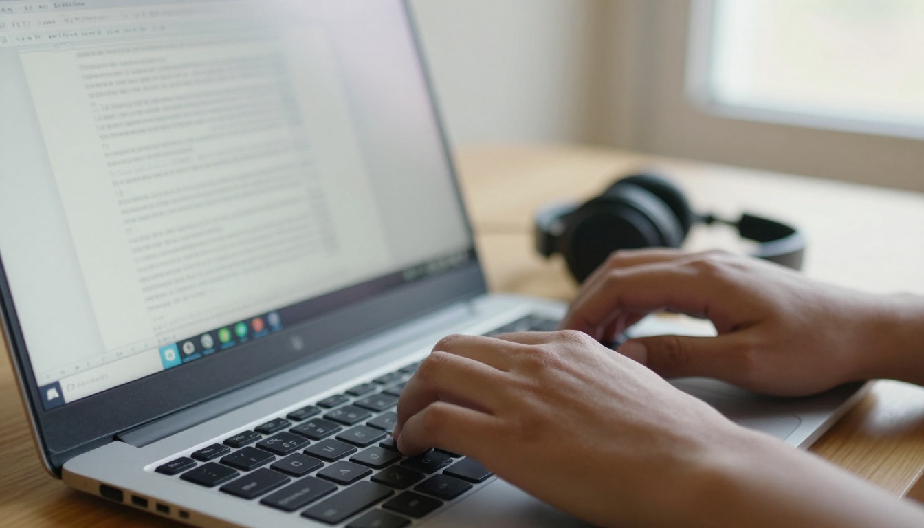 Hands on a laptop with a screen reader session running