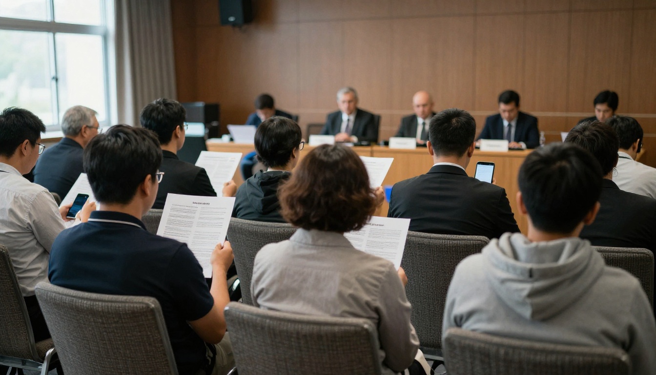 Shareholders seated in a conference hall at an annual general meeting Shareholders seated in a conference hall at an annual general meeting