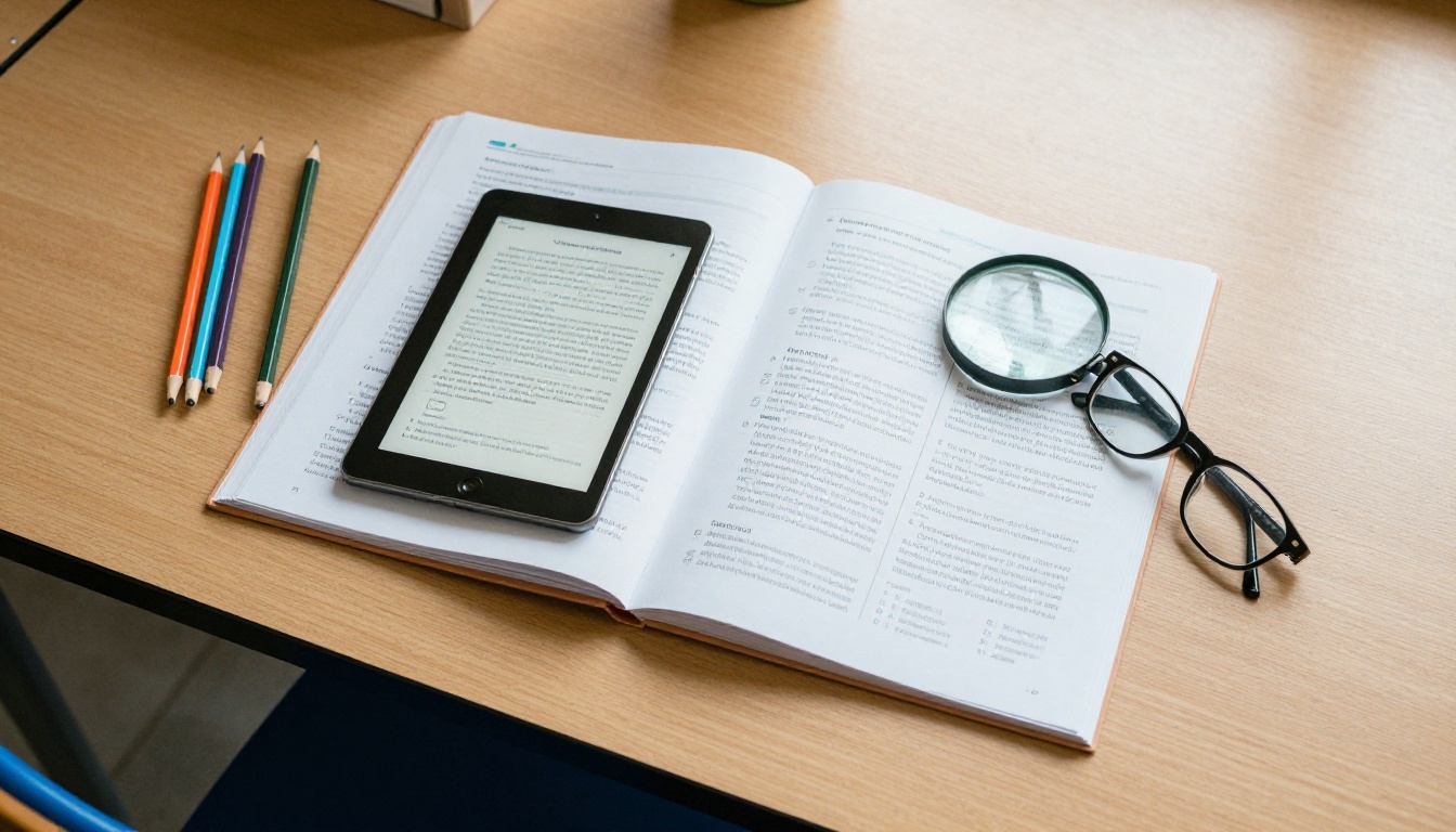 Tablet showing an open digital textbook on a classroom table with a magnifying glass nearby