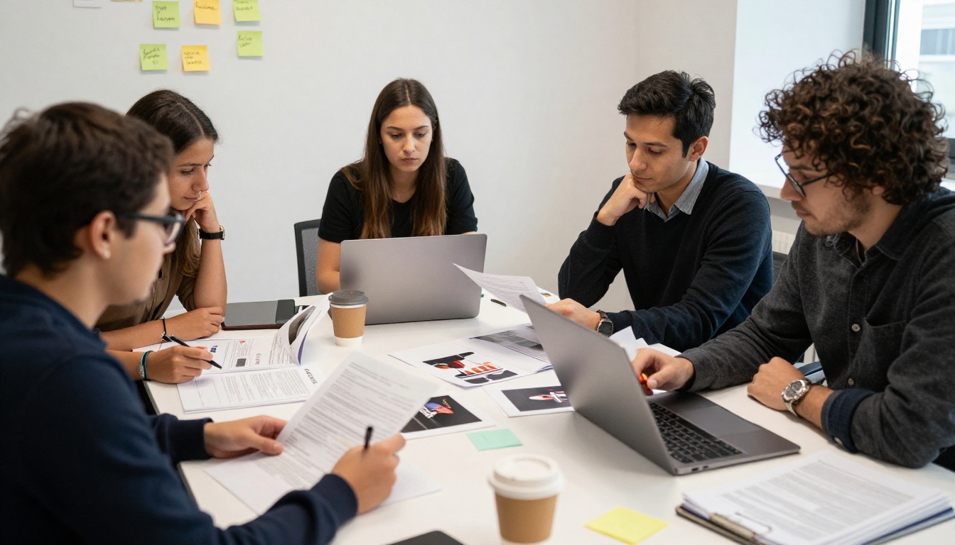 Communications team reviewing proofs of an annual report beside a laptop Communications team reviewing proofs of an annual report beside a laptop