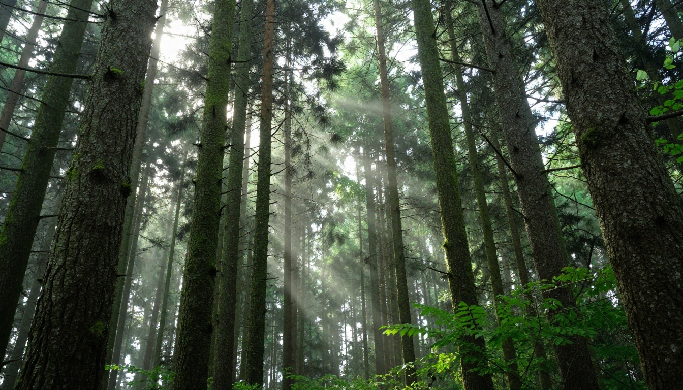 Sunlight filtering through tall pine trees in a green forest Sunlight filtering through tall pine trees in a green forest