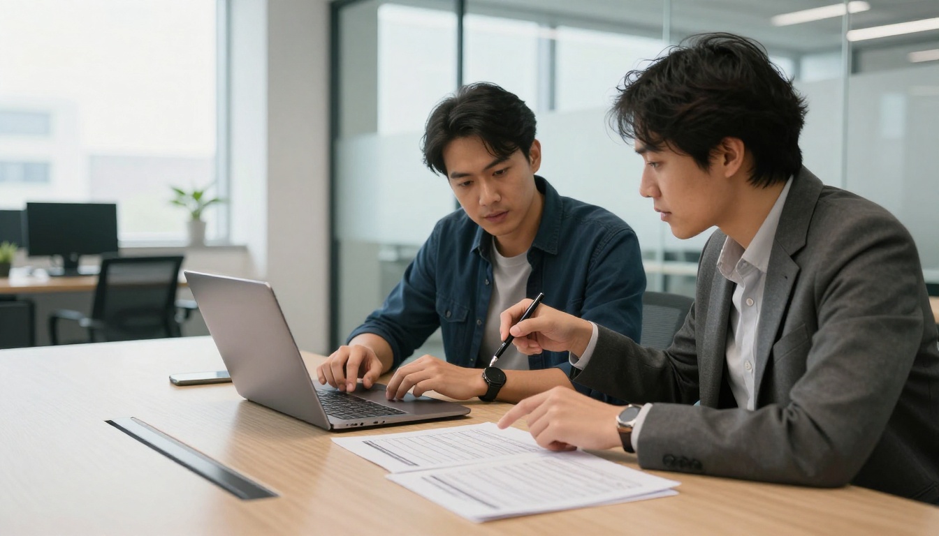 Colleagues reviewing a printed accessibility checklist in an office