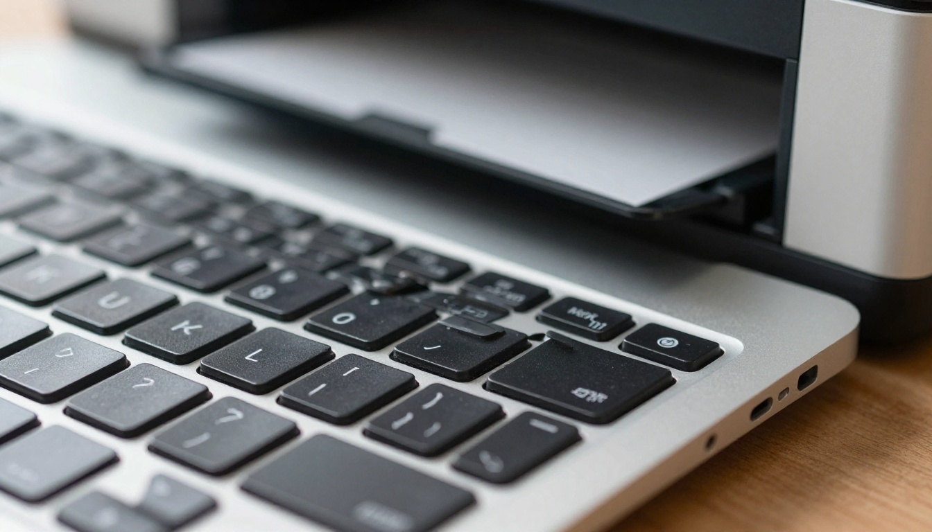 A hand pressing a keyboard key to print while an idle printer waits in the background