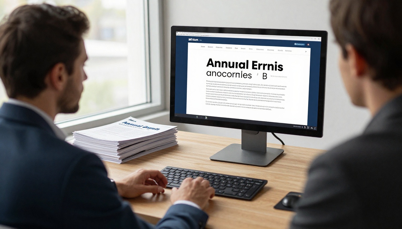 Executive at a desk comparing a monitor showing a digital report with a stack of printed copies Executive at a desk comparing a monitor showing a digital report with a stack of printed copies