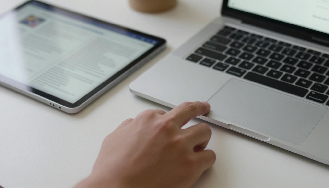 Close-up of a person using Tab navigation on a laptop with a phone and tablet nearby