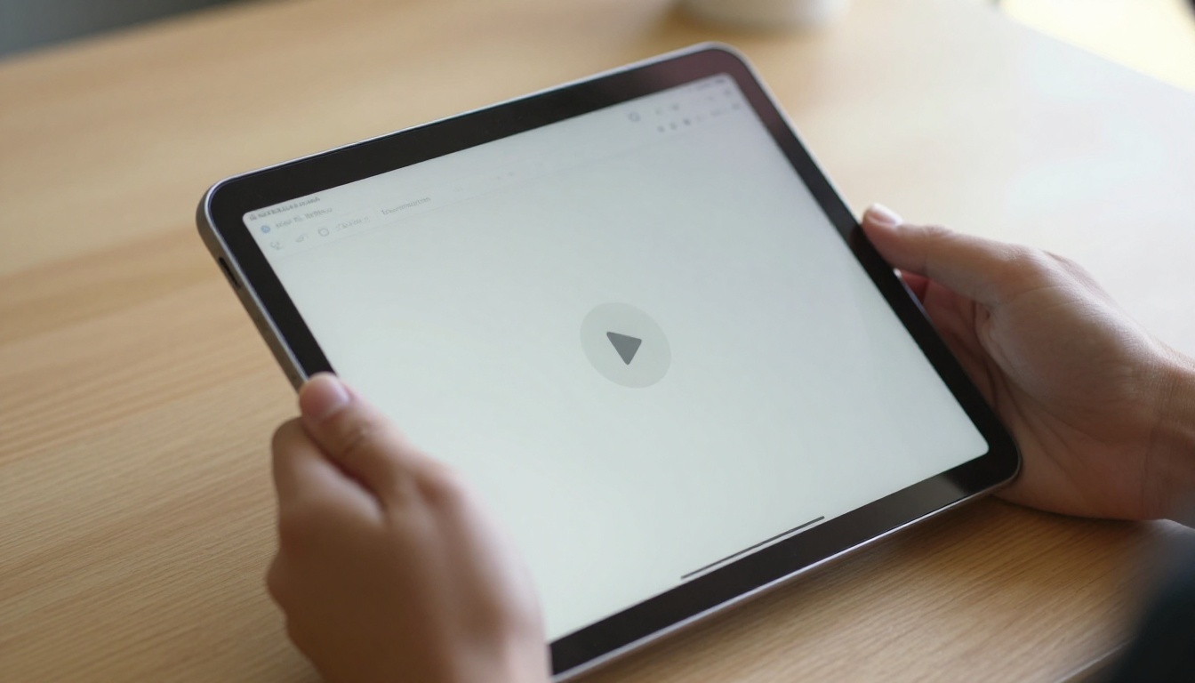 Hands holding a tablet with a document page and play icon